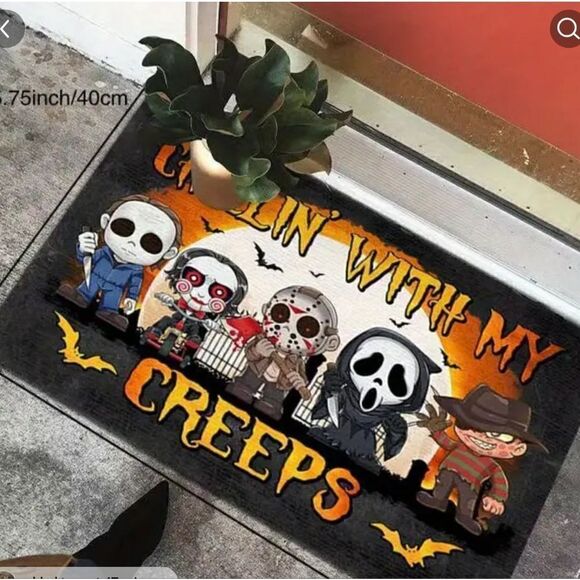 NWT Horror Movie Scary Characters Rug Door Mat 16 x 24" "Chillin with My Creeps" - Picture 2 of 3